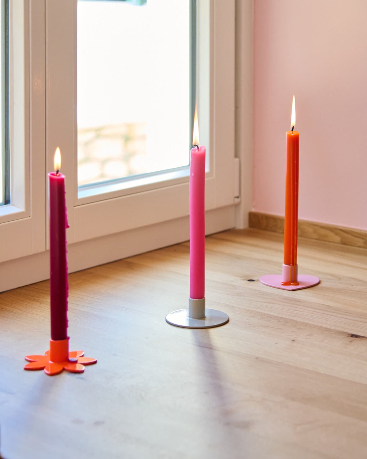 Kerzenständer | Kerzenhalter für Stabkerzen HERZ Rosa + Kerze